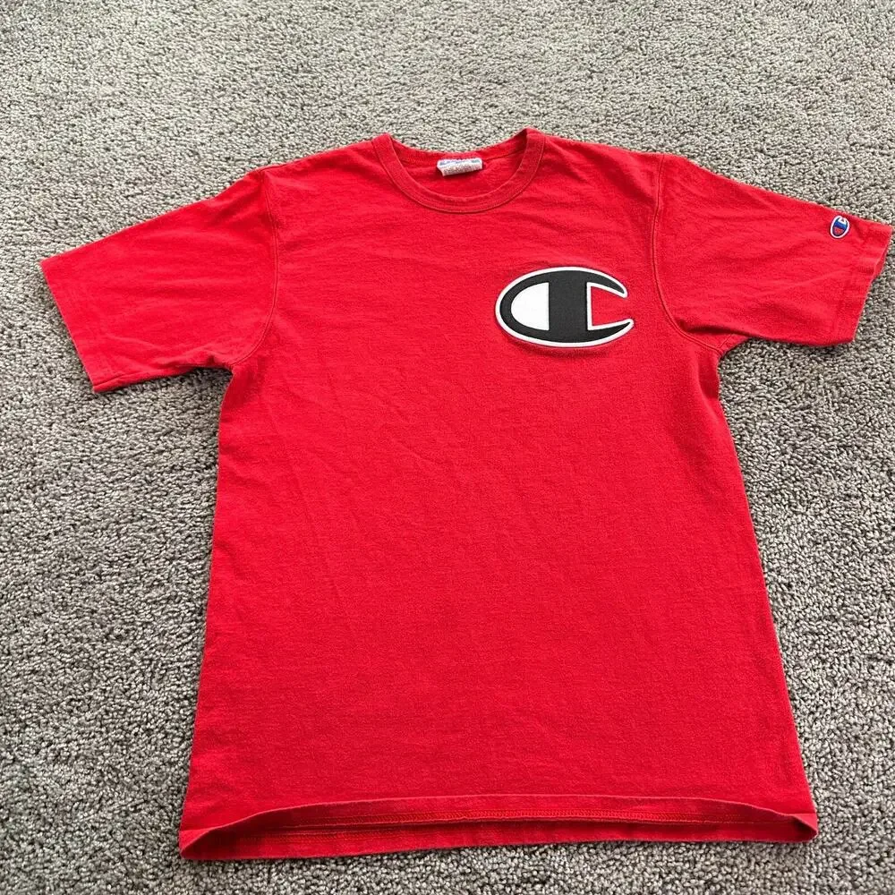 Champion Shirt Mens Medium Red Black Big C Patch Logo Short Sleeve Casual - Picture 2 of 8
